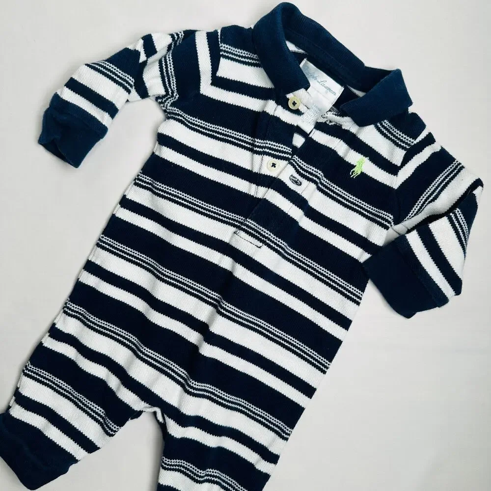 Ralph Lauren Long Sleeve Navy & White Striped Jumpsuit Romper Sz 3mo